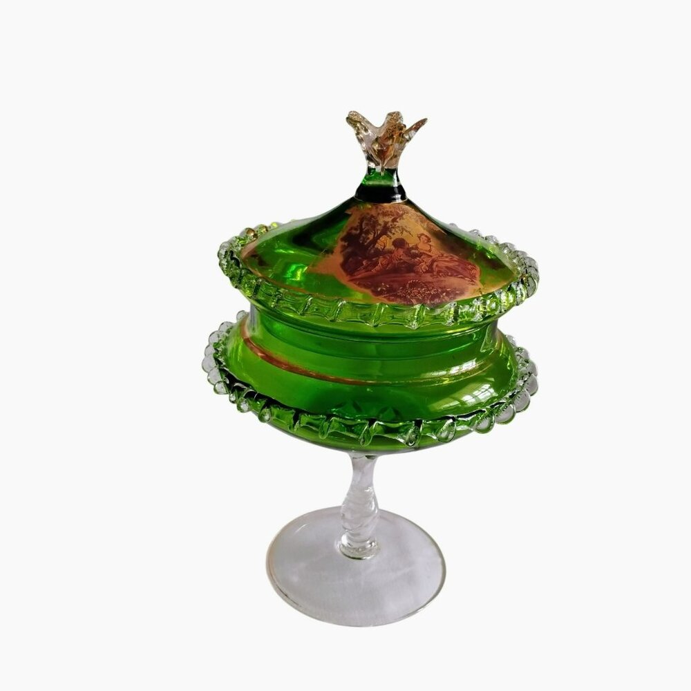 MCM Empoli Green Glass Compote Lidded Candy Dish Rigaree Edge Gilt Gold Romantic